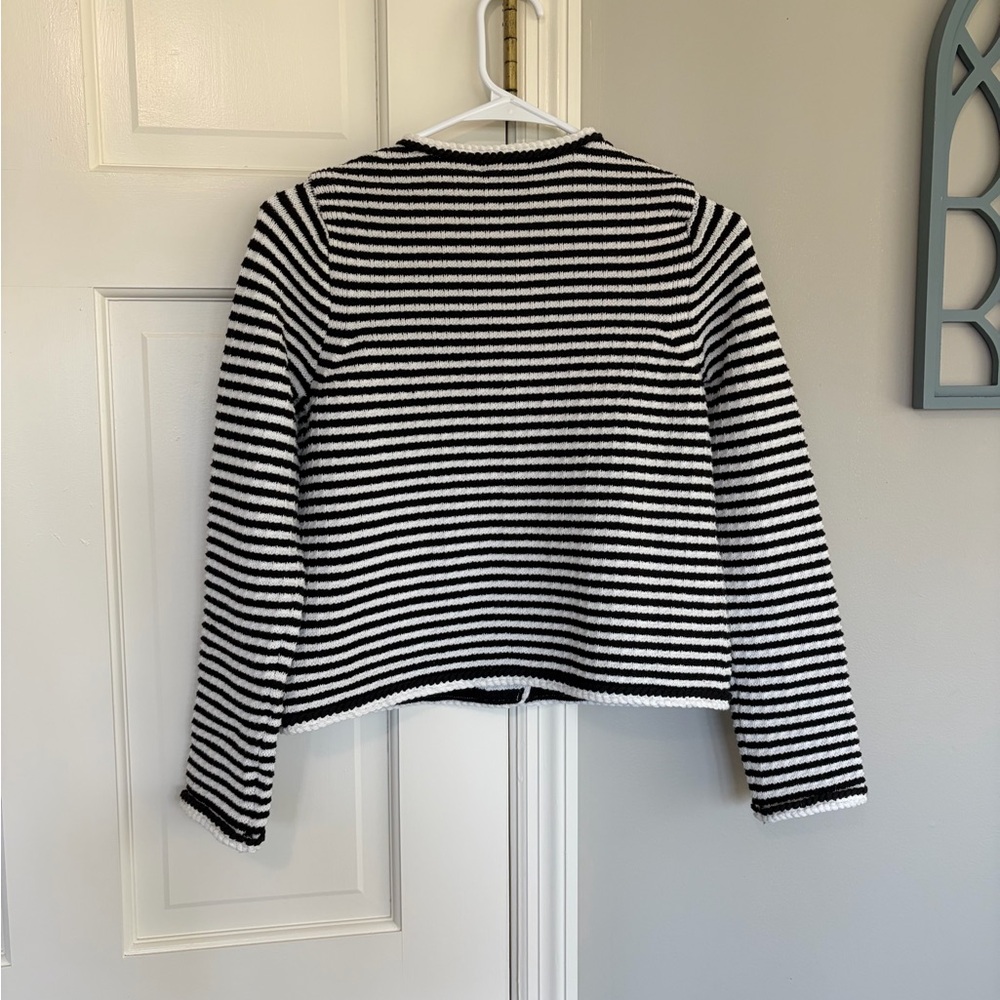 Striped Black and White Button-Front Women's Cardigan - Picture 3 of 4